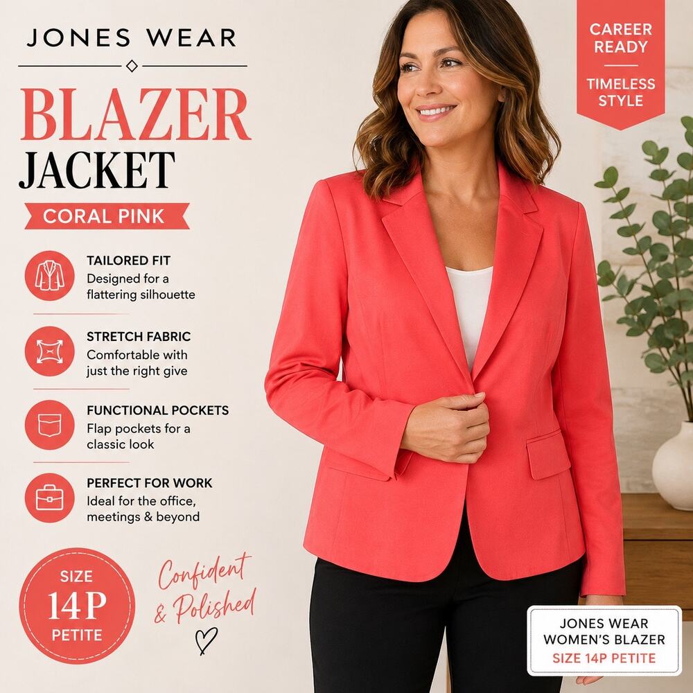 Jones Wear Womens Blazer Jacket Coral Red Pink Stretch Petite 14P Career Suit